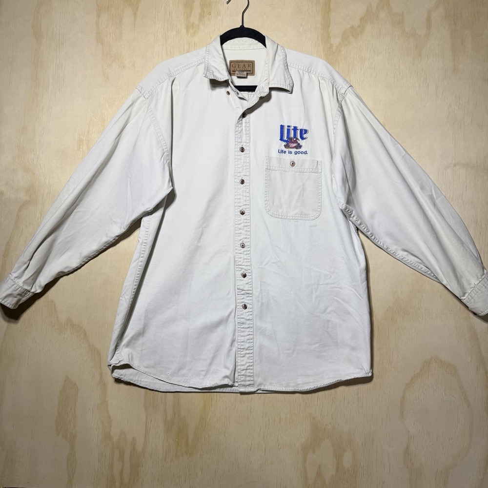 Vintage Miller Lite Button Up Shirt Men Large Beige Embroidered Beer Logo Cotton